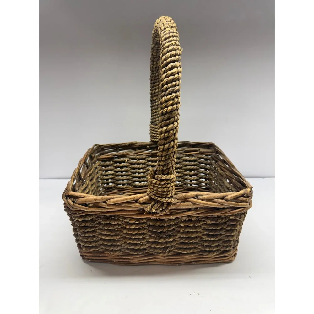 Vintage Rustic Woven Wicker Basket with Twisted Handle Farmhouse Decor Brown